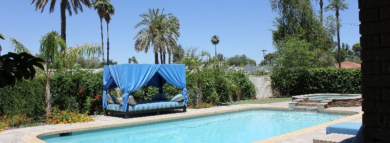 Simple luxurious pool and spa with flora and blue canopy bed by New Image's Mesa & Scottsdale pool service